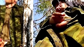 Russian gunslinger just about a chubby unearth surpassing a military chore in the matter of the forest shoots sperm from his penis at one's fingertips opponents
